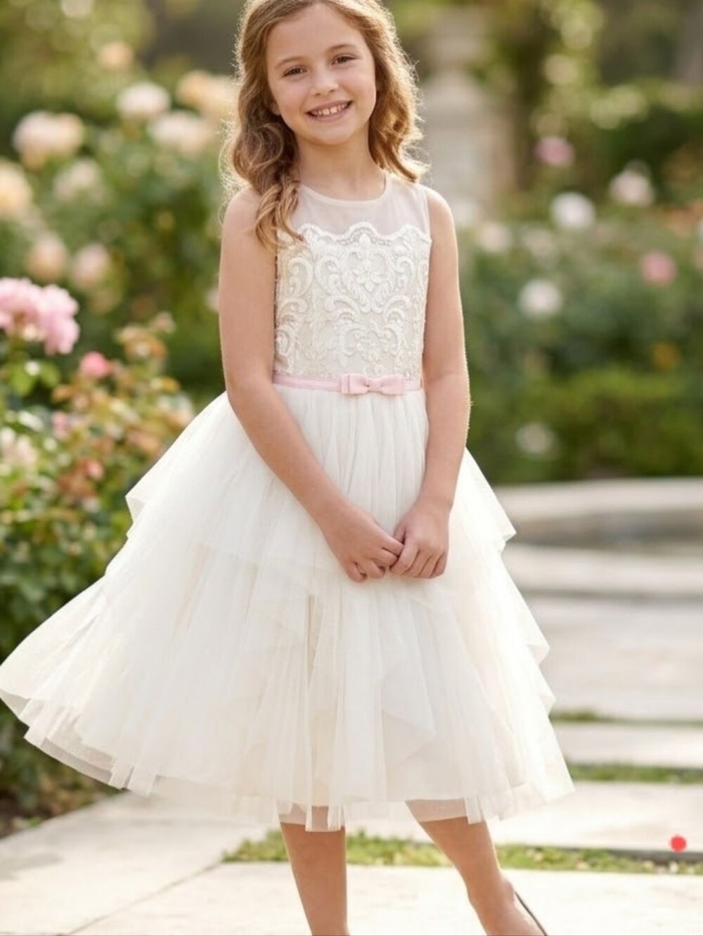 Jona Michelle Ivory Layered Tulle Dress with Pink Waist Bow